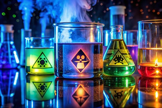 Night Photography of Hazardous Chemicals: Hydrofluoric Acid Containers with Warning Symbols in a Dimly Lit Laboratory Setting