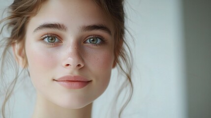 Naklejka premium Beautiful Young Woman Portrait with Captivating Green Eyes and Soft Features Against a Bright White Background for Stock Photography Use