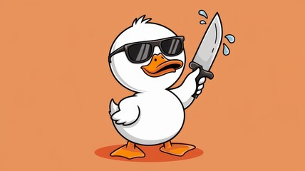 Cool Cartoon Duck with Sunglasses and Knife on Orange Background Generative AI