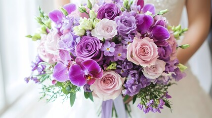 A vibrant bouquet of blue and purple flowers, including hydrangeas and lavender, arranged in a vase.