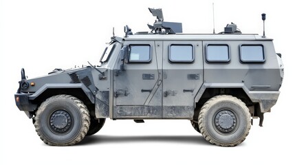 Obraz premium A modern bulletproof armored vehicle, isolated on a white background