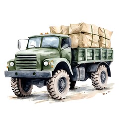 Obraz premium Vintage Military Truck Cargo Watercolor Army Vehicle Off Road Transport Rural Delivery