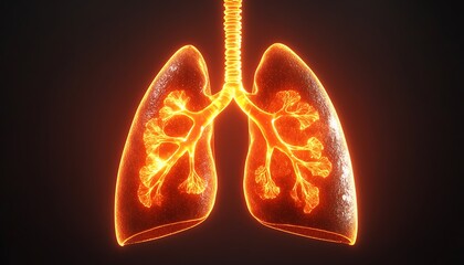 3D illustration of glowing lungs with an illuminated trachea and airways