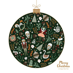 Naklejka premium Christmas ball. Christmas card. Vector illustration. Nutcracker. Cute Christmas vector poster. 