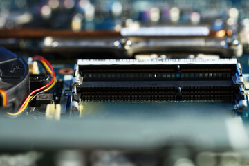 RAM slots in motherboard, macro view. Electronic engineering