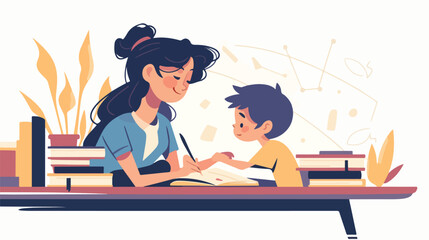 Mother and Child Studying Together: Academic Homework Time with Son and Mom - Education and Learning Concept