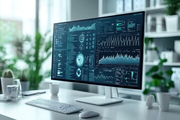 Fototapeta premium Detailed data analysis on a modern computer screen in a bright office environment