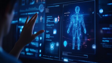 A person interacting with a virtual AI assistant, showing a personalized timeline of health progress, entertainment suggestions, and social activities.