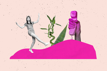Composite photo collage of astonished girl stand exotic plant aloe hand hold telephone receiver talk isolated on painted background