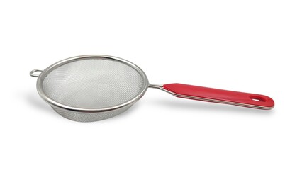 Photo of a metal kitchen strainer with a fine mesh design and a red plastic handle, ideal for...