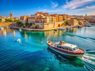 Fototapeta premium Passenger Boat Navigating the Serene Waters of Marsamxett Harbour in Malta, Showcasing Coastal Beauty and Vibrant Mediterranean Architecture Under a Clear Blue Sky