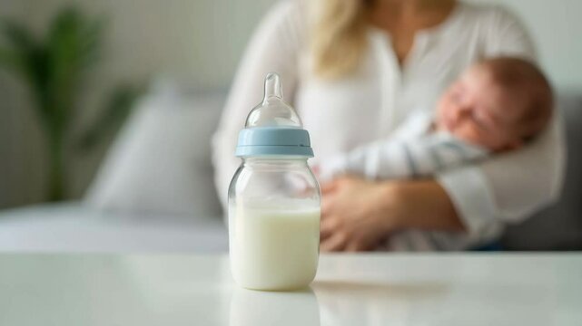 Bottle with breast milk against blurred background of mother holding in her hands little newborn baby at home. Feeding time. Milk nutrition, milk formula. Maternity and baby care - Powered by Adobe