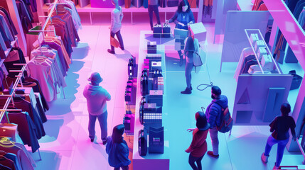 Obraz premium vibrant retail scene showcasing shoppers browsing colorful clothing and accessories in modern store. atmosphere is lively and engaging, with bright lighting enhancing shopping experience