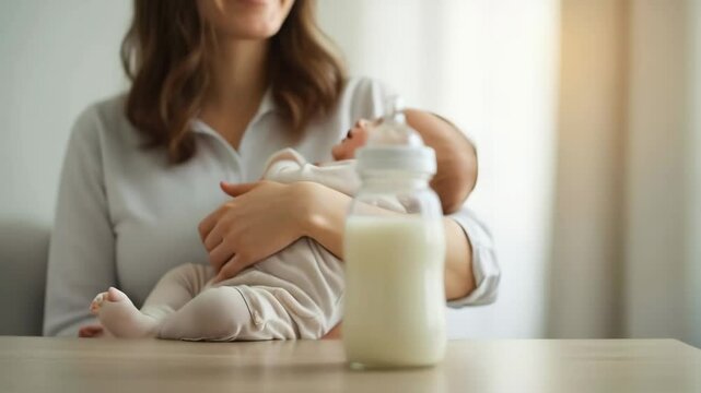 Bottle with breast milk against blurred background of mother holding in her hands little newborn baby at home. Feeding time. Milk nutrition, milk formula. Maternity and baby care