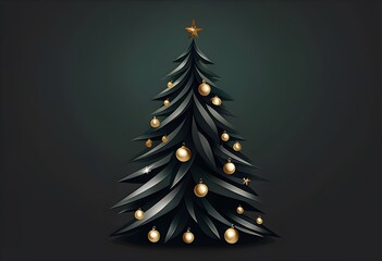 Obraz premium Modern Monochromatic Black Christmas Tree with Gold Ornaments on Charcoal or Deep Emerald Background for Sleek, Bold Holiday Decor