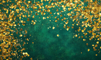 Sparkling golden confetti scattered over a rich teal background