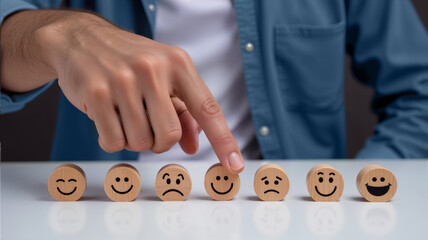 A hand points to wooden emoticon tokens, representing various emotions. This image is ideal for topics on emotional intelligence, psychology, and user feedback in surveys, copy space, blank