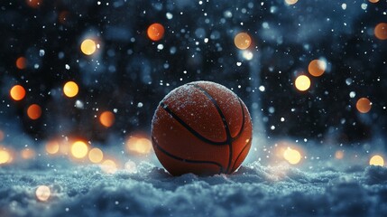 Obraz premium Winter Basketball Dream - Snowy night, basketball in snow, warm lights, winter sport, holiday spirit.