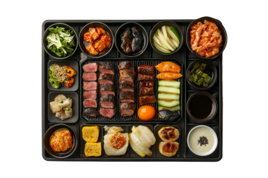 Korean BBQ setup with sizzling meats, dipping sauces, and side dishes like kimchi and pickled vegetables