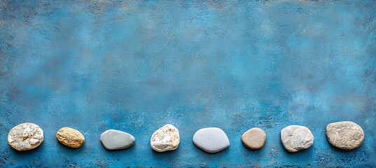 Serene Composition Smooth Stones Arrange on a Blue Background with Ample Copy Space for Design