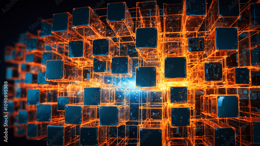 Wall mural interconnected transparent cubes in an abstract technology composition