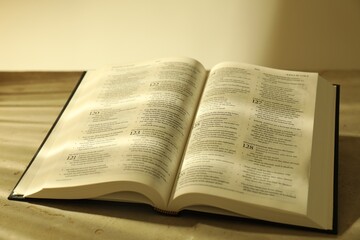 Fototapeta premium Open Holy Bible in English language on beige table, closeup