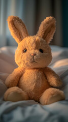 Obraz premium Photo Adorable Plush Bunny Toy on Bed Sunlight