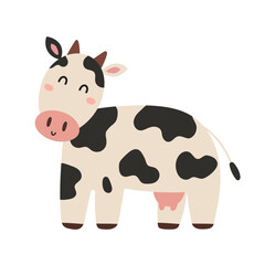 Cute cow in cartoon style isolated on white background. Happy farm character for kids design. Vector illustration