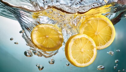 Fresh Lemon Slices Splashing in Clear Water With Vibrant Bubbles