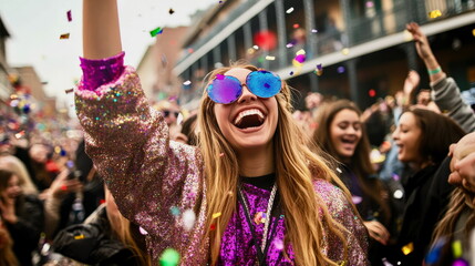 High-angle view of Carnival crowd in New Orleans, people dressed in colorful costumes throwing beads, Mardi Gras energy
