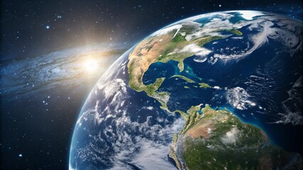 Naklejka premium Planet Earth view from space highlighting continents, blue oceans, and clouds under the glow of the rising sun. A stunning representation of Earth's beauty and space exploration.