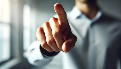 a close-up of a hand pointing directly at the viewer, emphasizing the concept of selection, decision-making, or attention. The background is softly blurred, highlighting the hand and creating a sense 