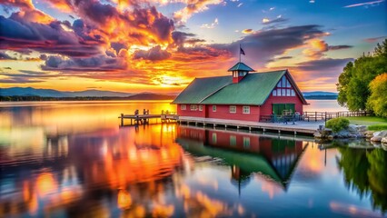 Obraz premium Serene Burlington Community Boathouse on Lake Champlain at Sunset, Showcasing Waterfront Beauty and Tranquil Reflections in the Calm Waters of the Lake