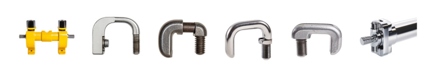 Set of various mechanical clamps and tools in silver and yellow hues.