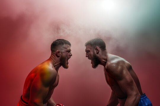 Two MMA fighters facing each other very closely in the ring. Looking at each other angry. Screaming at each other. Effects with lights and smoke. CInematic, artistic, setup.