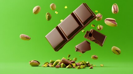 A chocolate bar with nuts on top of it is falling apart. The image has a playful and whimsical mood, as if the chocolate bar is breaking free from its restraints and taking on a life of its own