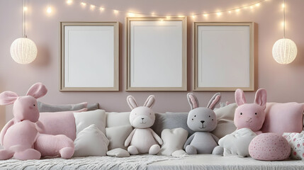 3D Illustration- Cozy Kids Room Decor with Bunny Toys and Fairy Lights