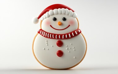 3D snowman cookie character with red and white icing, decorated with candy buttons, smiling face, classic and festive on a white background 
