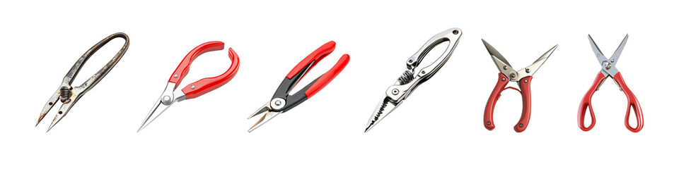 A collection of various pliers and scissors with red handles on a white background.