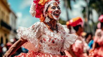 Portrait of a dancer in traditional costume at Barranquilla Carnival, celebrating culture