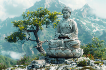 Obraz premium Buddha monument on top of mountain, Hindu religious symbol. Asia sculpture tourist cultural statue.