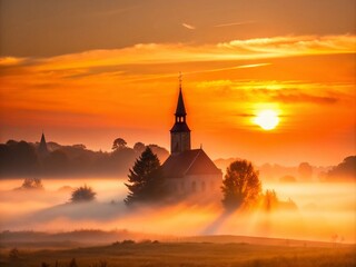 Fototapeta premium Serene Silhouette of a Christian Church at Sunrise Amidst Morning Fog and Indian Summer Colors