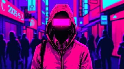 Obraz premium Futuristic figure in neon cityscape.