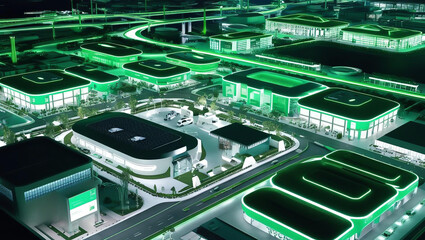 Fototapeta premium smart city glowing green at night, showcasing sustainable architecture and technology, symbolizes net zero urban living with no visible pollution or emissions