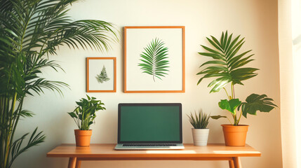 Fototapeta premium serene workspace featuring laptop on wooden desk surrounded by lush green plants and framed botanical art. natural light enhances calming atmosphere