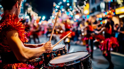 Side view of a Carnival musician playing drums in a street parade, colorful costumes in the background