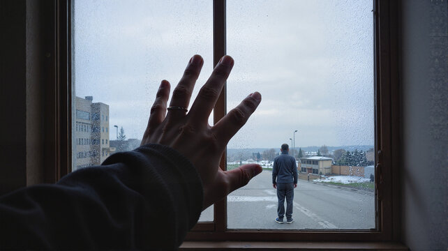 Person reaching out to window on rainy day