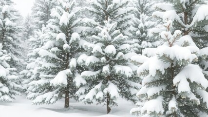Fototapeta premium Snow-covered pine trees in a winter wonderland with soft, falling snowflakes, season