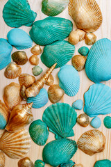 Artistic background with colorful shells. Christmas decorations.