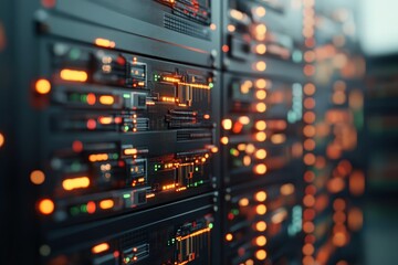 Close-up View of Server Rack with Detailed Configuration and Illuminated Lights in a Modern Data Center Environment for Technology-related Imagery